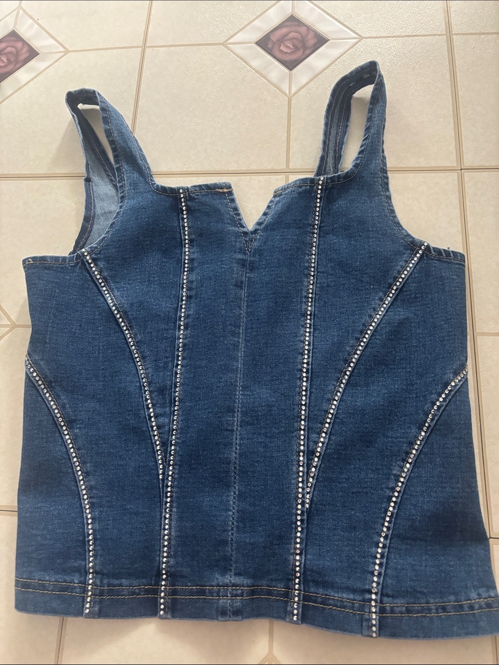 bebe Blue Denim Rhinestone-Trim Tank Top